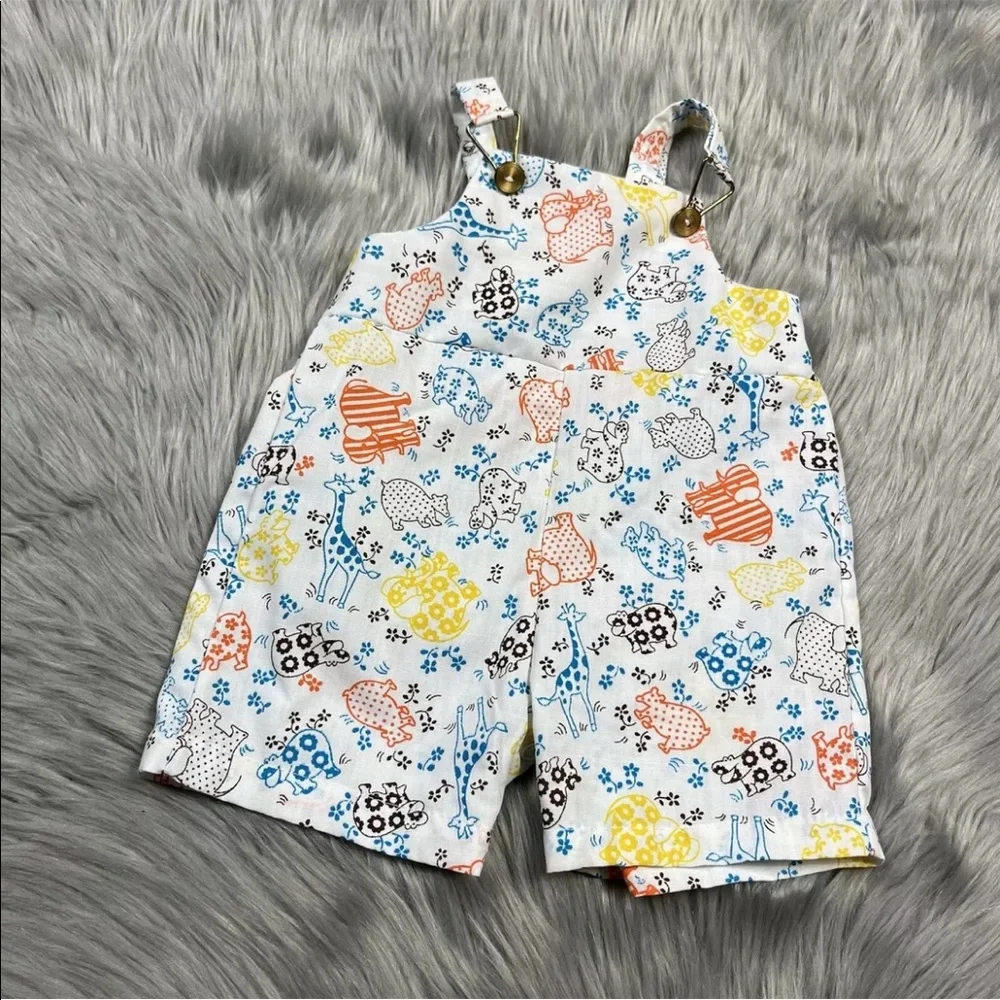 Vintage Baby White Blue Yellow Orange Animal Floral Romper